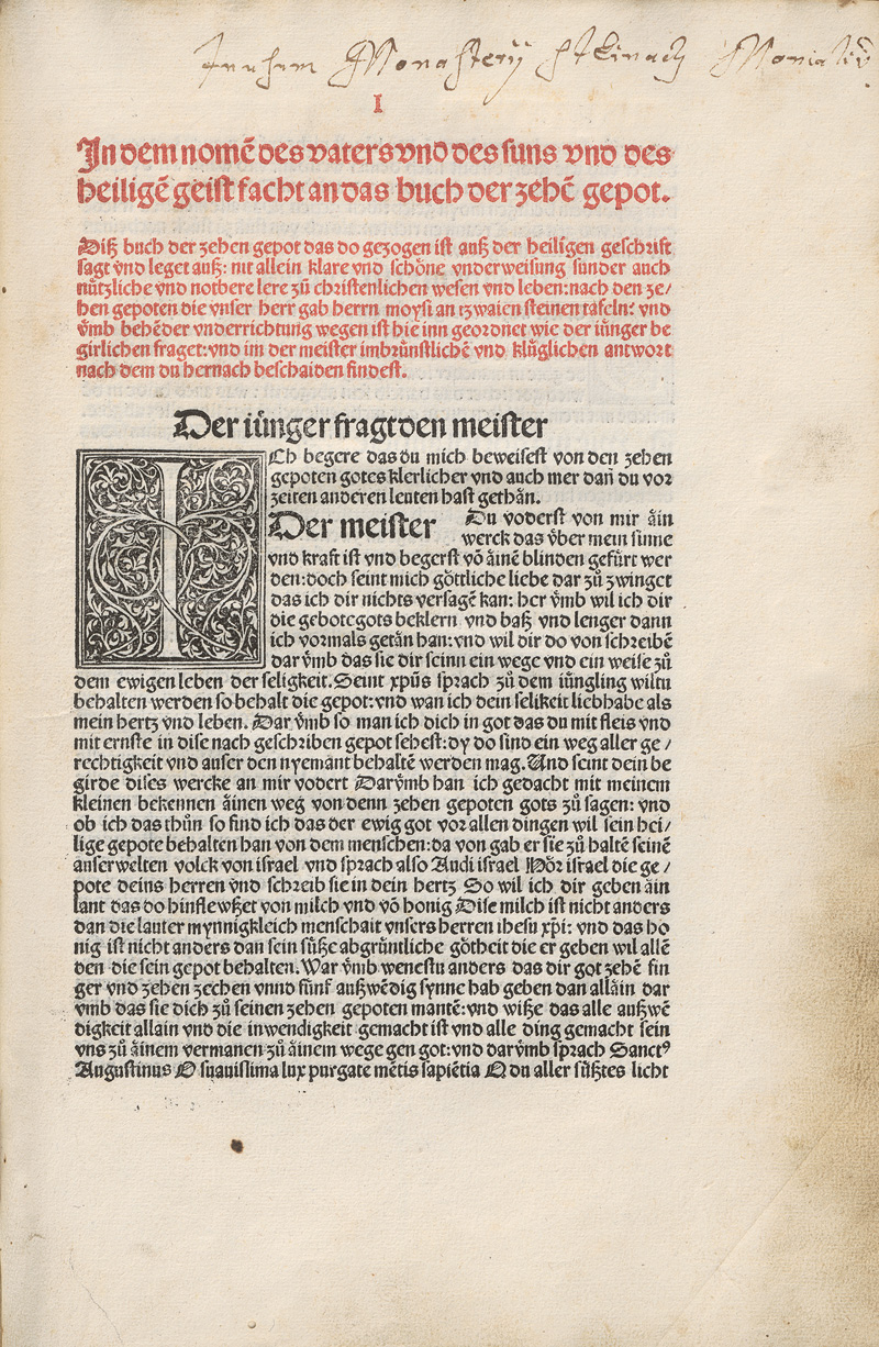 Lot 1066, Auction  127, Marquard von Lindau, Das Buch der zehn Gebote. Text in Rot und Schwarz gedruckt, mit 12 großen Schwarzgrund-Initialen