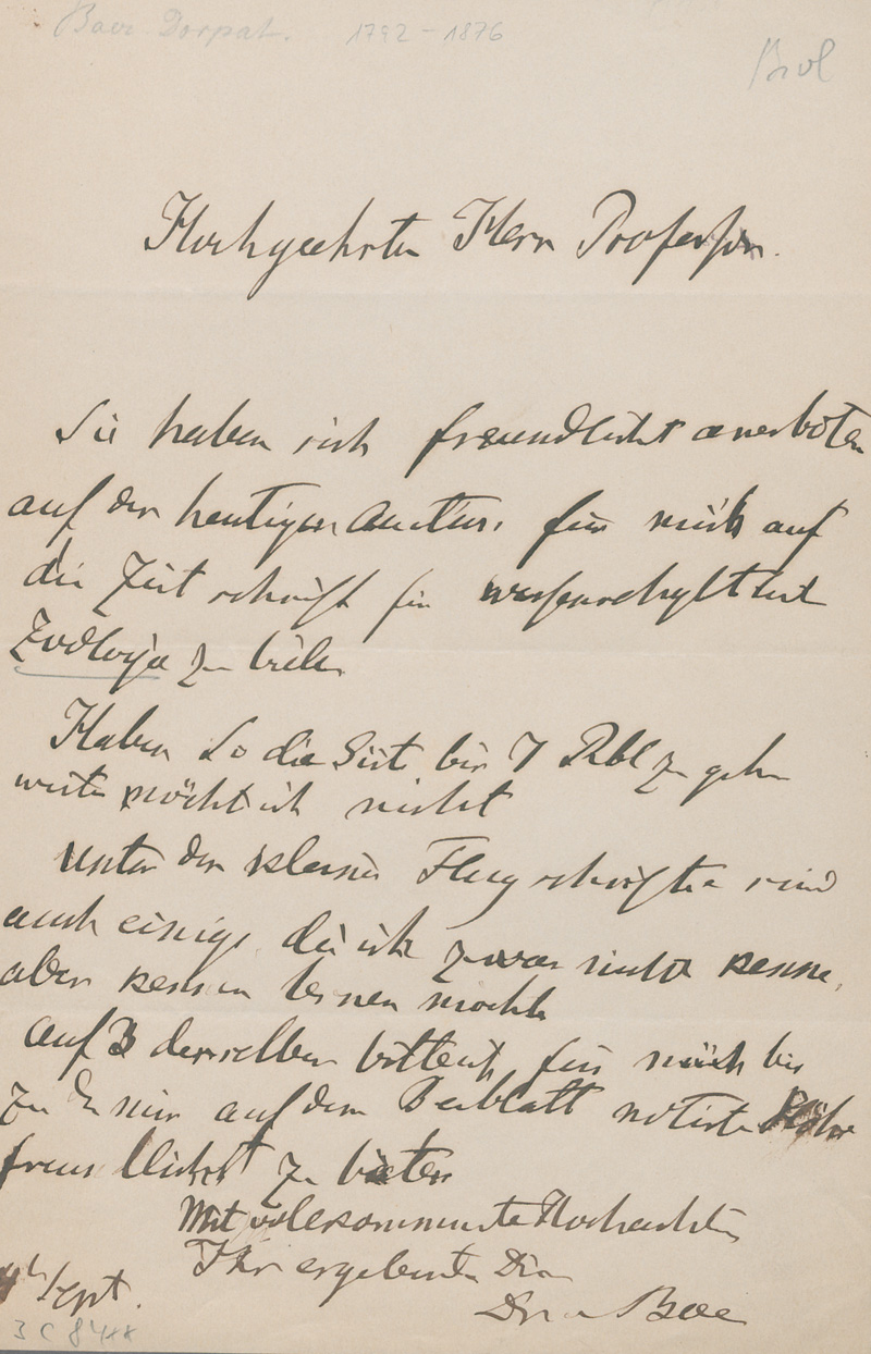 Lot 2551, Auction  127, Baer, Karl Ernst von, Brief an einen Professor wegen einer Buchauktion. Um 1870