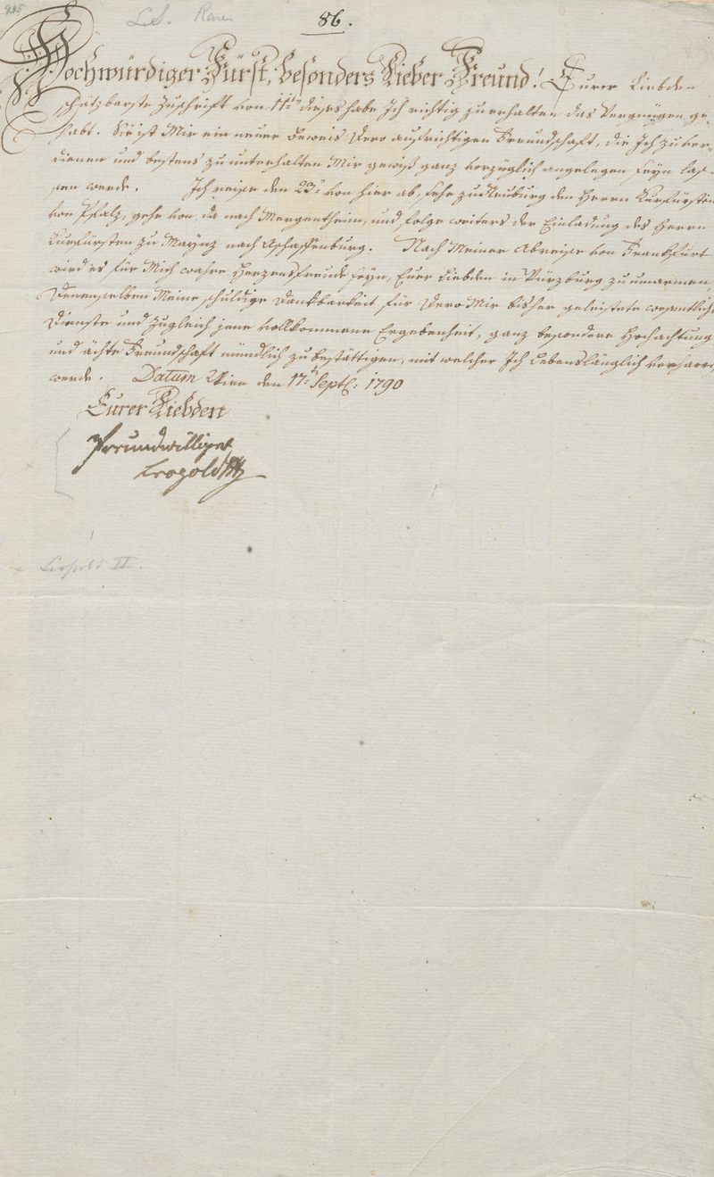 Lot 2598, Auction  127, Leopold II., röm.-dt. Kaiser, Brief an einen Fürsten, vor der Krönungsreise. 1790