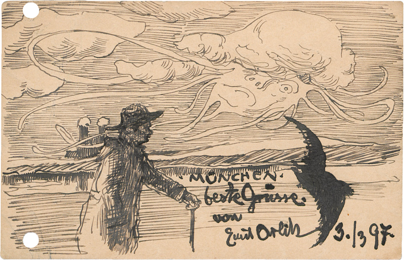 Lot 2613, Auction  127, Orlik, Emil, Postkarte mit ganzseitiger Federzeichnung. 1897