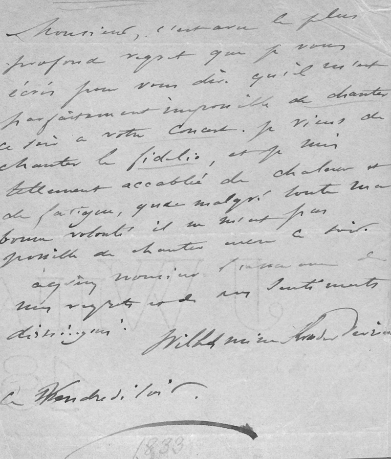 Lot 2650, Auction  127, Schröder-Devrient, Wilhelmine, Brief an einen Konzertveranstalter. 1833