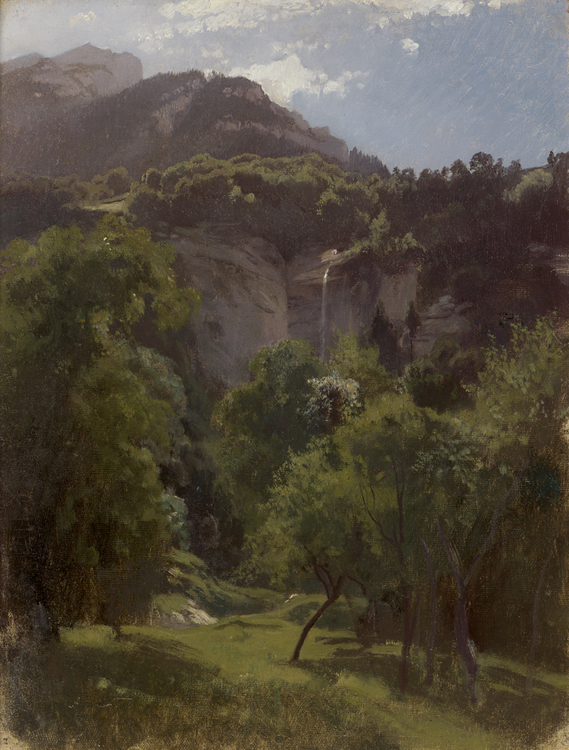 Lot 6098, Auction 127, Zünd, Robert, Sommerliches Tal in den Schweizer Alpen mit kleinem Wasserfall