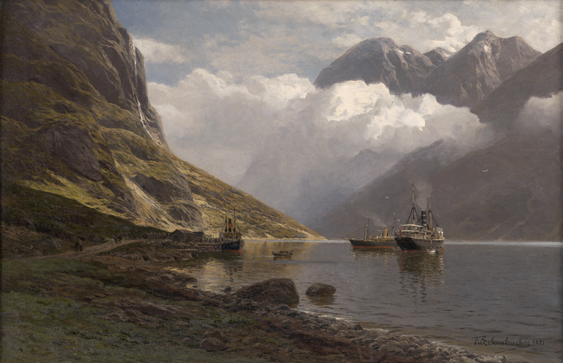Lot 6099, Auction 127, Eckenbrecher, Themistokles von, Dampfschiffe an der Anlegestelle von Gudvangen im Nærøyfjord