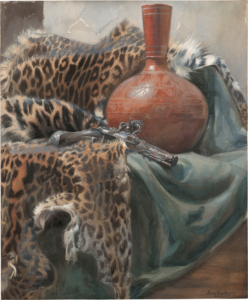 Lot 6356, Auction 127, Deutsch, um 1900. Stillleben mit Vase und Steinschlosspistole auf Leopardenfell