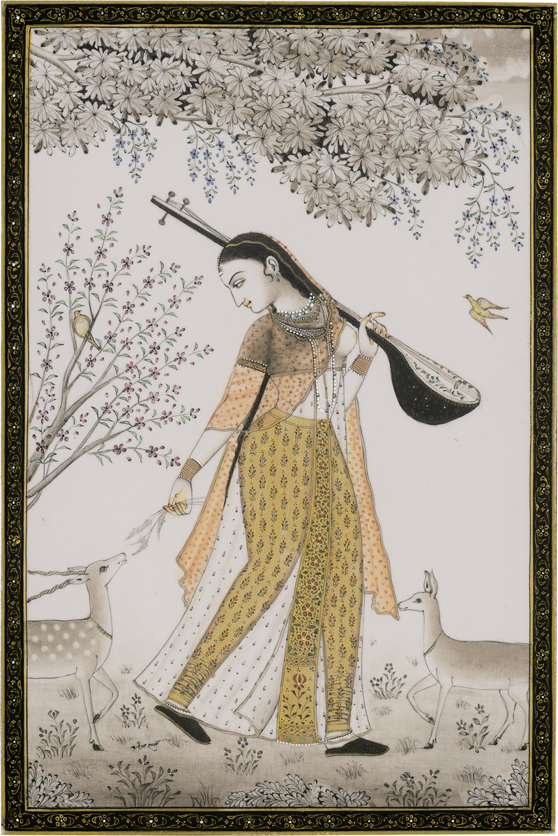 Lot 6381, Auction 127, Indisch, wohl 19. Jh. Todi Ragini in einer blühenden Landschaft mit Hirschen