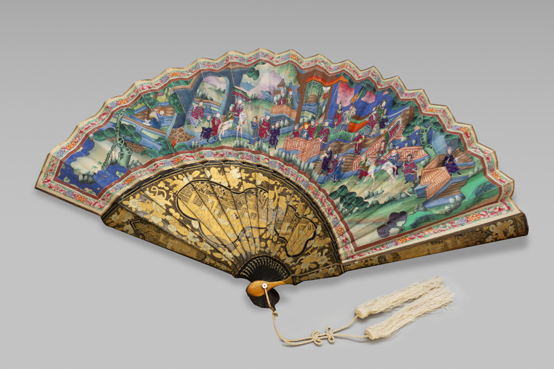 Lot 6395, Auction 127, Fächer, Faltfächer mit höfischen Figuren in Palästen und Gärten (recto) und Blumen mit Schmetterlingen (verso)