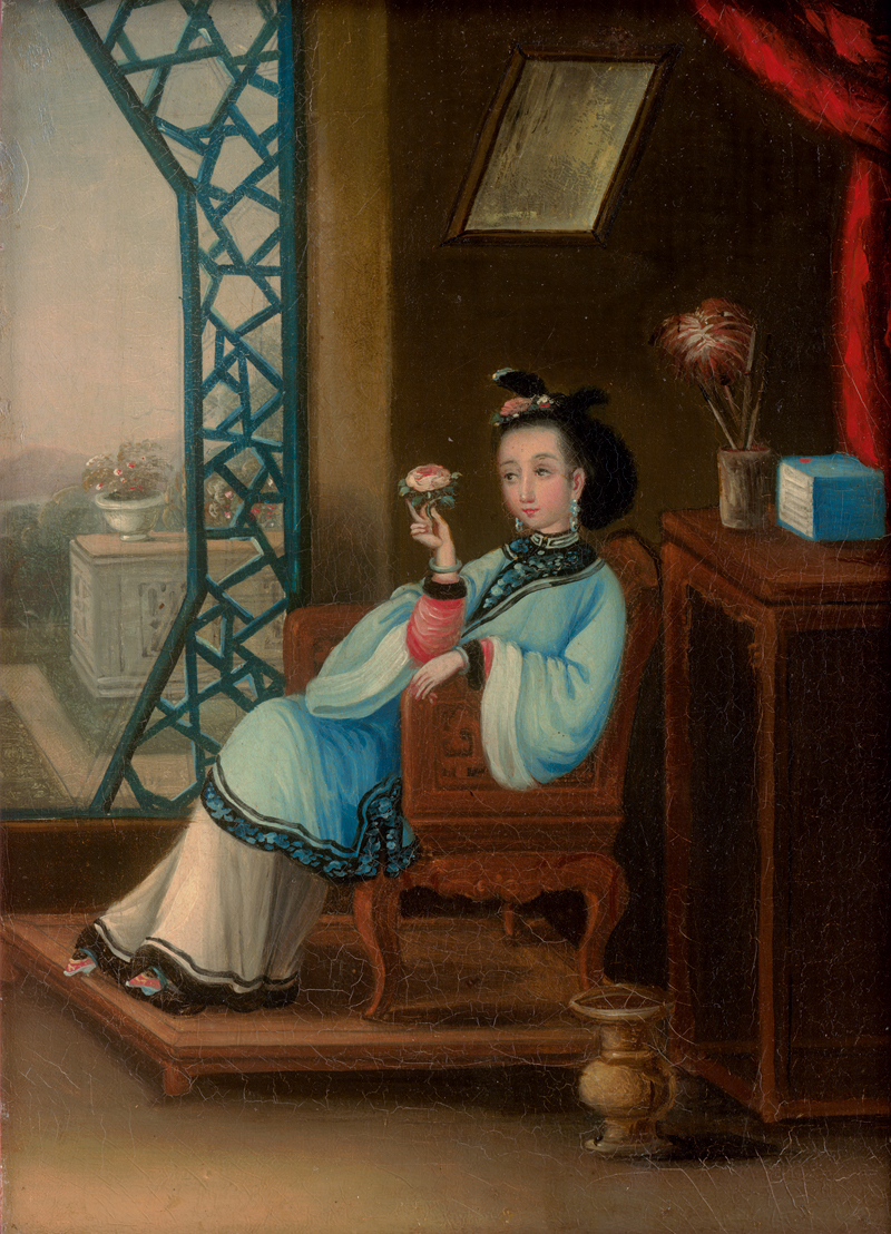 Lot 6406, Auction 127, Chinesisch, 19. Jh. Chinesische Frau, Guqin spielend; Chinesische Frau, eine Blume betrachtend