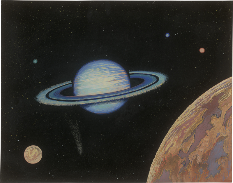 Lot 6480, Auction 127, Kranz, Wilhelm, Idealansicht des Saturn mit seinen fünf Monden Titan, Iapetus, Rhea, Thetys und Dione sowie ein Komet