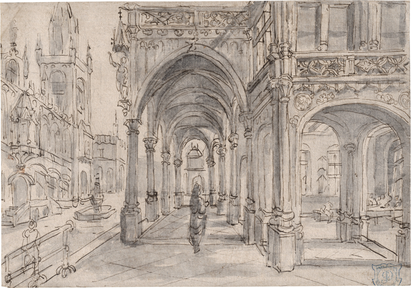 Lot 6532, Auction 127, Vredeman de Vries, Hans - zugeschrieben, Perspektiventwurf: Blick in den Säulengang eines Renaissancepalastes, links ein repräsentatives Gebäude mit Turm