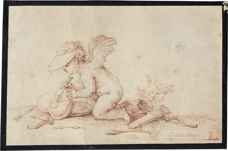 Lot 6557, Auction  127, Schellenberg, Johann Rudolf, Amor mit Schirmmütze als Zeichner, mit seinem Pfeil ein Bildnis auf ein Herz gravierend