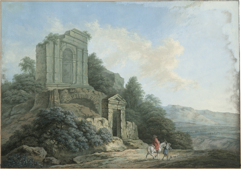 Lot 6570, Auction 127, Deutsch, um 1790. Römische Campagna: Edelmann zu Pferde mit seinem Begleiter vor Ruinen.
