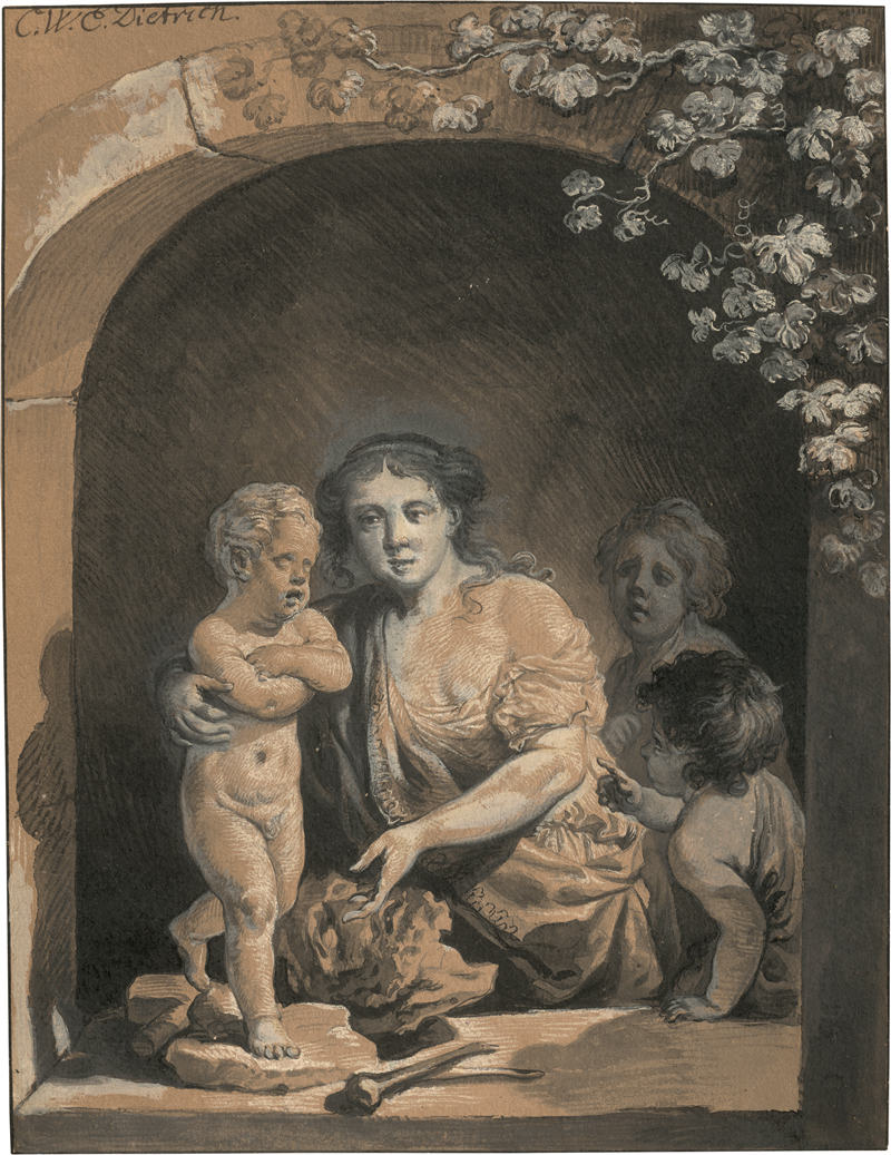 Lot 6572, Auction 127, Dietrich, Christian Wilhelm Ernst, Allegorie auf die Bildhauerei: Frau mit Skulptur und zwei Kindern in einer Fensternische