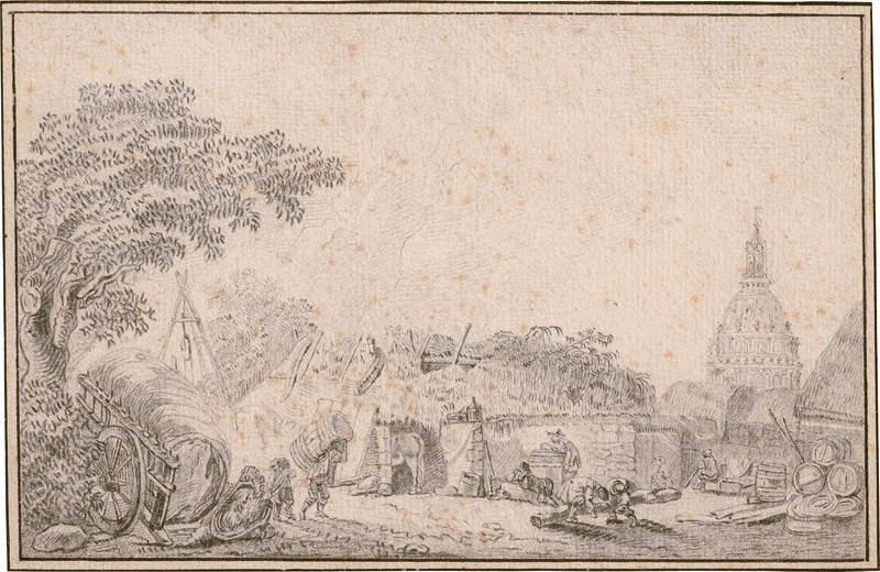 Lot 6575, Auction  127, Französisch, 18. Jh. Blick über ein verfallenes Gehöft auf die Kuppel des Invalidendoms in Paris
