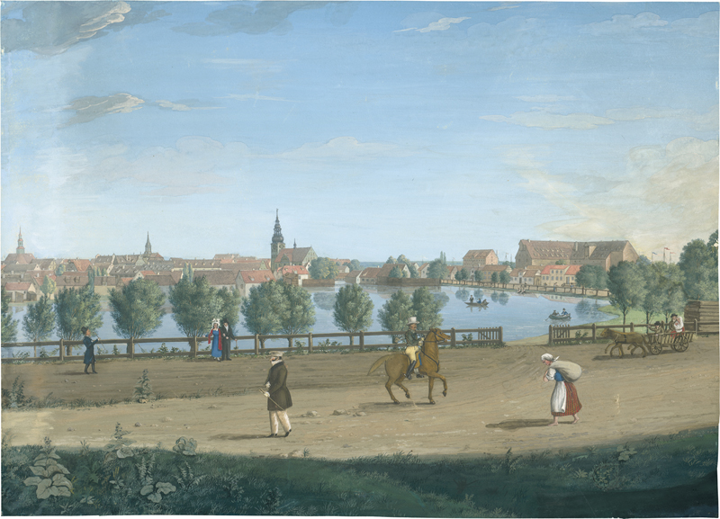Lot 6638, Auction 127, Deutsch, um 1820. Blick über den Mühlenteich auf Tilsit (Sowetsk) und die Deutsche Kirche