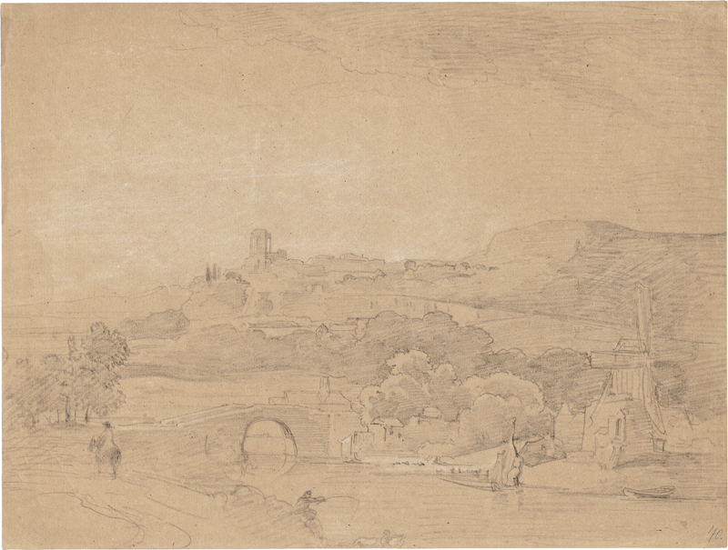 Lot 6663, Auction 127, Schirmer, Johann Wilhelm, Flusslandschaft mit kleiner Burg, im Vordergrund ein Dorf mit Windmühle