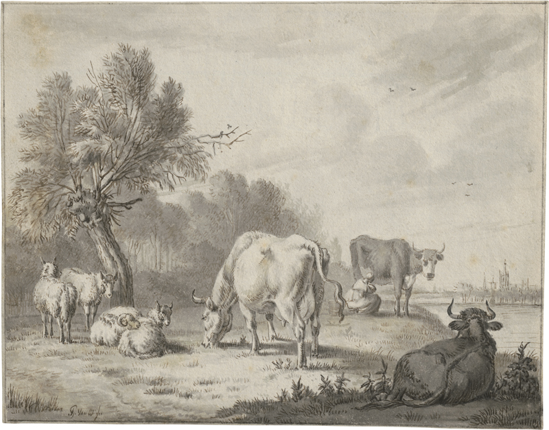 Lot 6690, Auction 127, Os, Pieter Gerardus van, Bäuerin mit Kühen und Schafen am Fluß