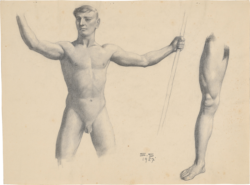 Lot 6709, Auction 127, Schneider, Sascha, Stehender männlicher Akt mit Stab