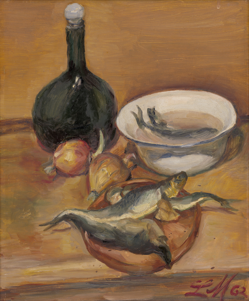 Lot 7143, Auction 127, Meidner, Ludwig, Stilleben mit Heringen, Flasche und Zwiebeln